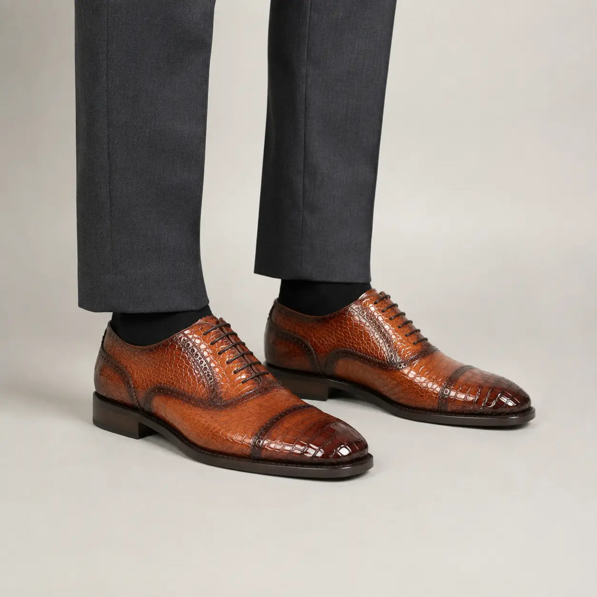 Cognac Croc-Embossed Oxford Shoe on-foot product photo