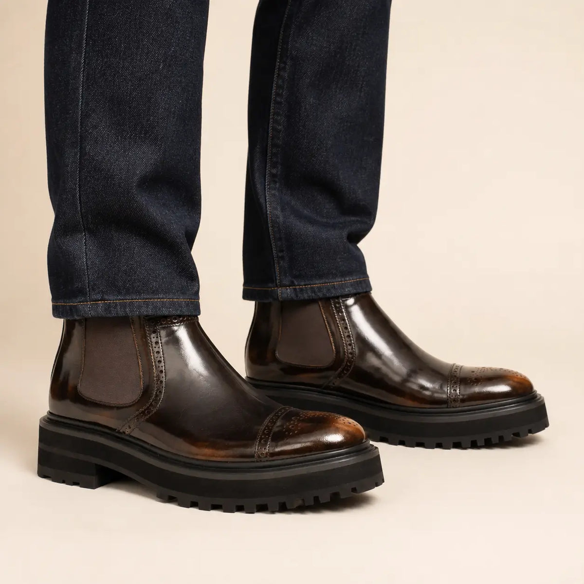 Cognac Brogue Chelsea Boot worn with raw indigo denim