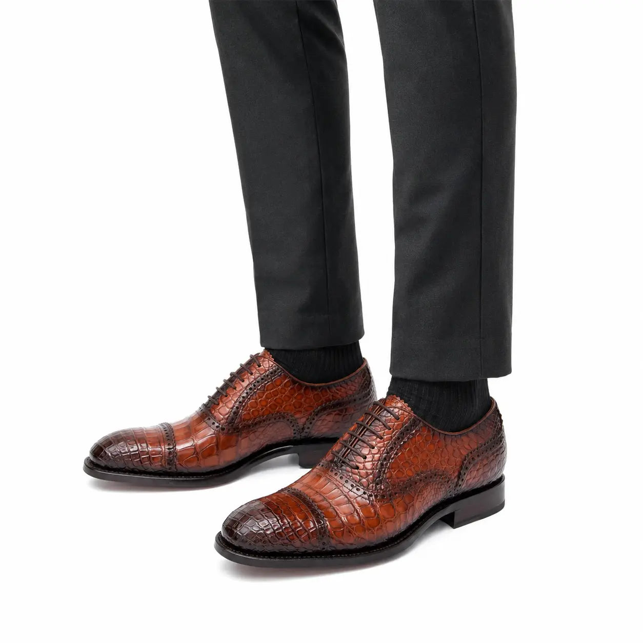 Cognac Crocodile Cap-Toe Oxford