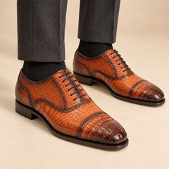 DIVINCH E809 orange-brown crocodile cap-toe Oxford shoe on foot