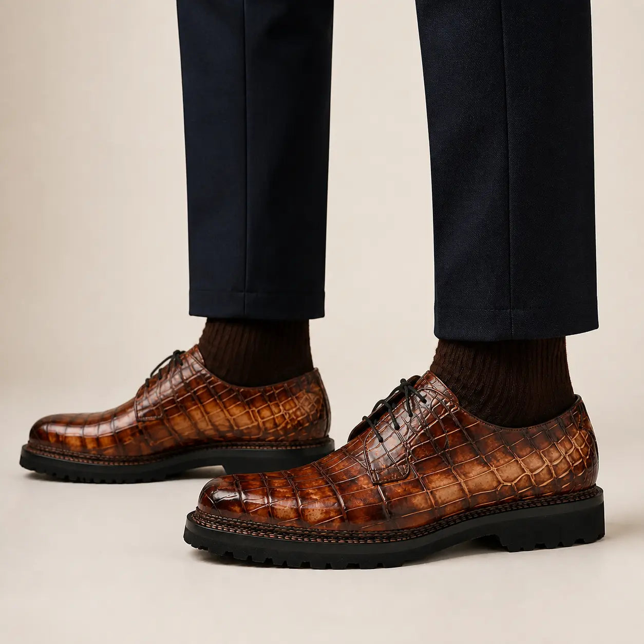 DIVINCH cognac crocodile lug sole Derby worn on foot