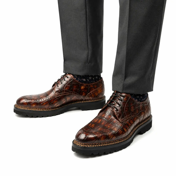 Derbies brogues norvégiens à texture de crocodile marron