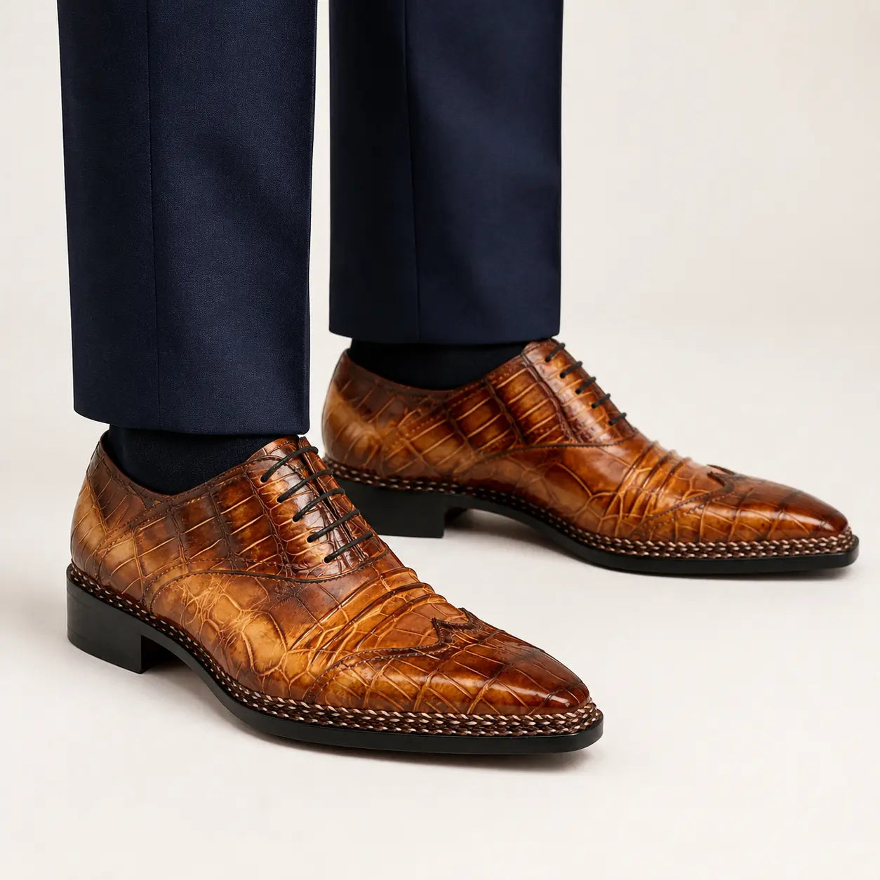 Cognac Crocodile Oxford Dress Shoe — on-foot studio view