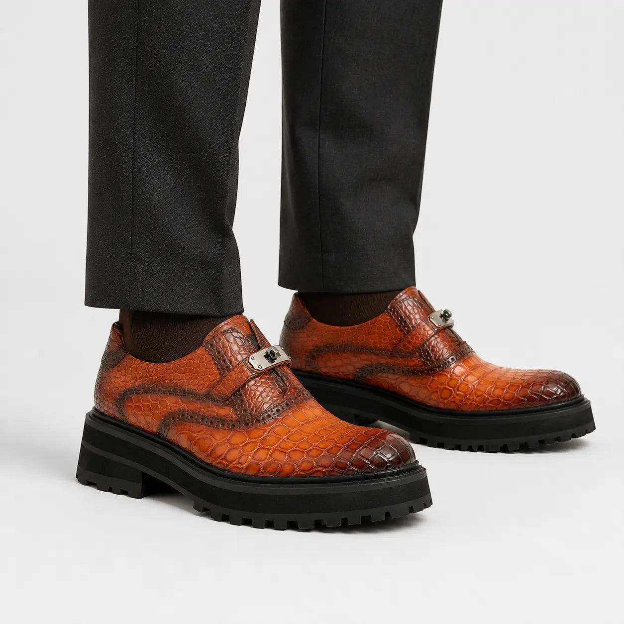Cognac Crocodile Strap Lug Loafer on-foot studio view