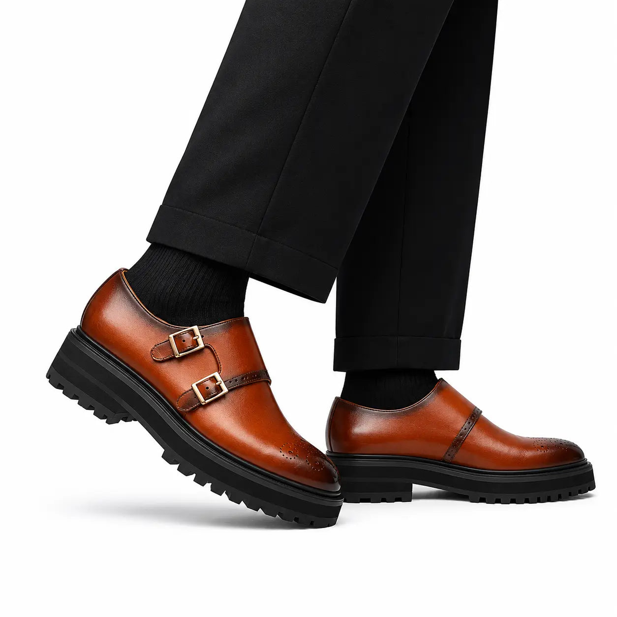Scarpe brogue con doppio cinturino monaco color castagna arrostita