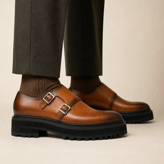 DIVINCH Cognac Double Monk Lug Shoe on foot — warm studio side profile