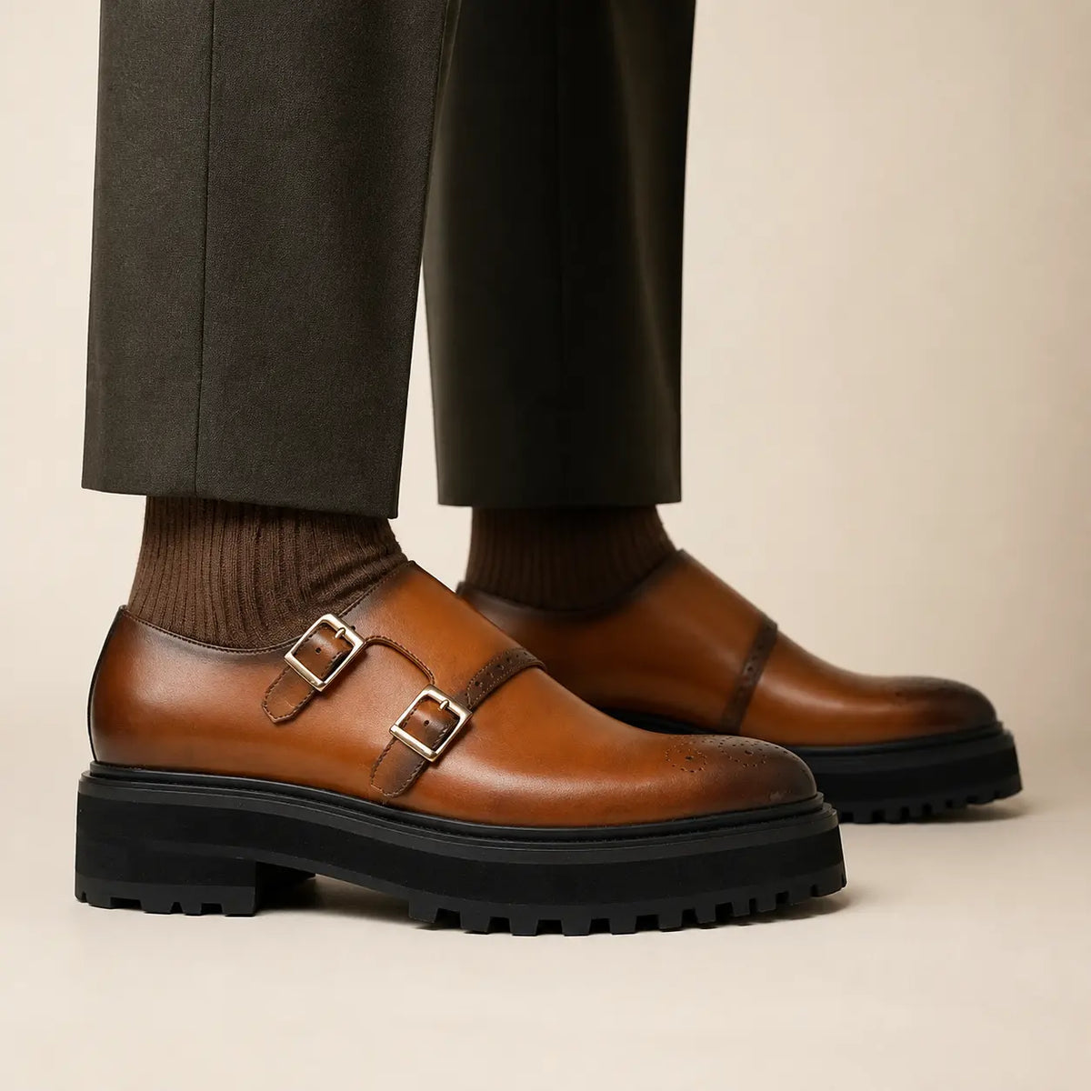 DIVINCH Cognac Double Monk Lug Shoe on foot — warm studio side profile