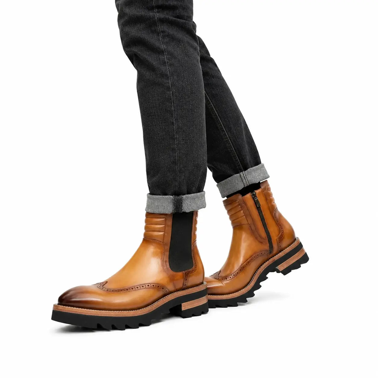 Stivali Chelsea Platform Brogue con Effetto Invecchiato