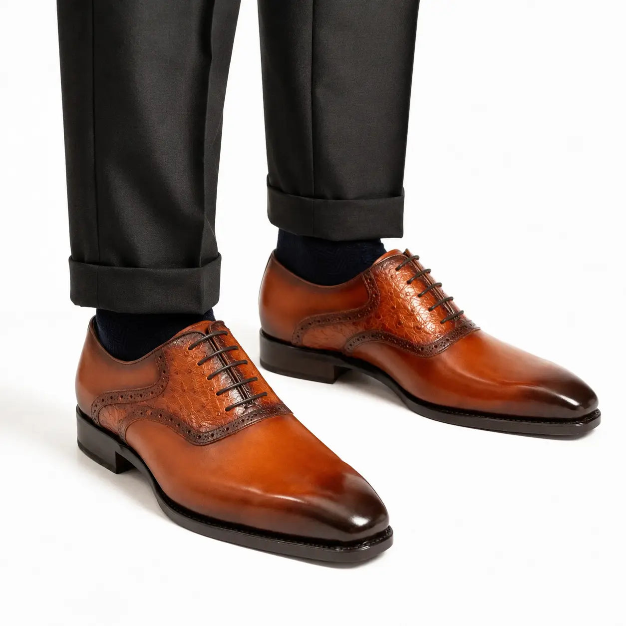 Cognac Ostrich-Trim Oxford Shoe