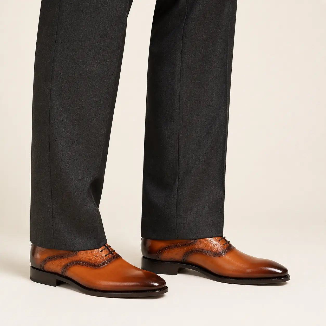 DIVINCH Cognac Ostrich-Trim Oxford Shoe — on-foot studio view