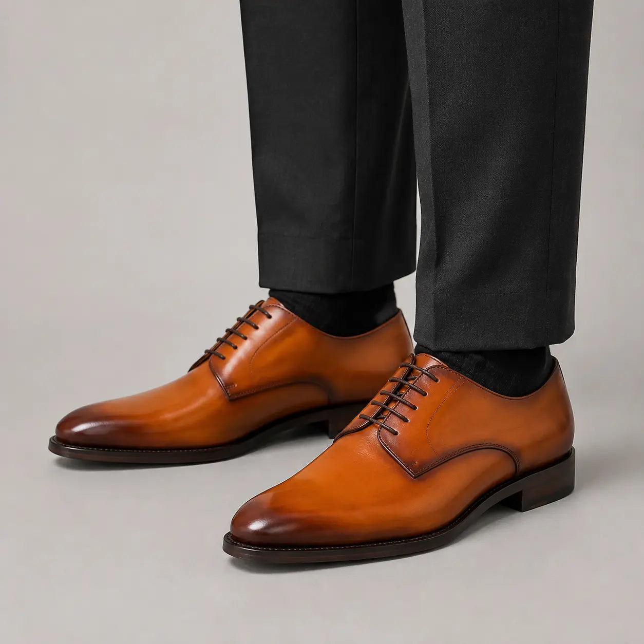 Cognac Wholecut Derby Shoe on-foot product photo