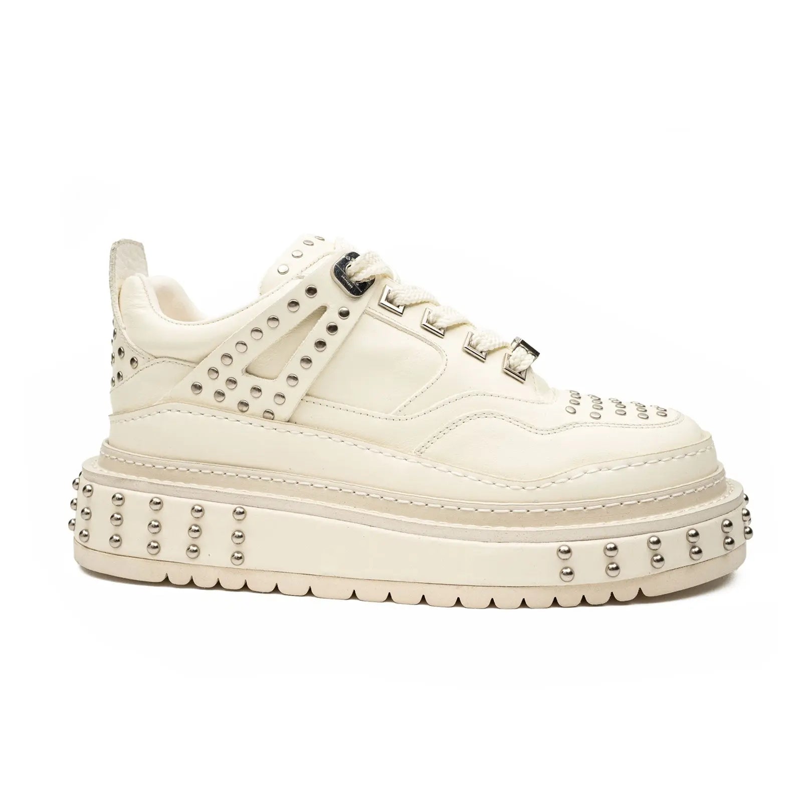 Cream Calfskin Studded Platform Sneakers