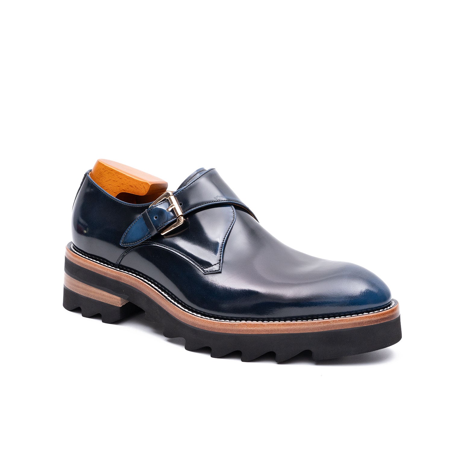 Blue Leather Monk Strap Shoes with Chunky Soles