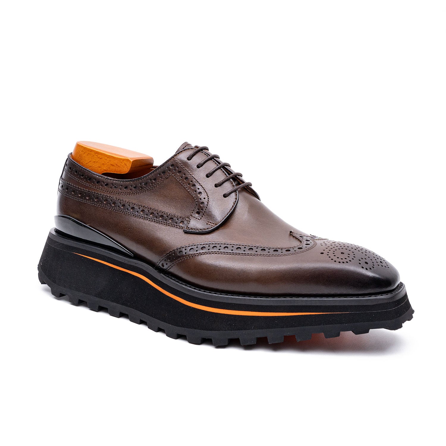 Thick-soled calfskin formal brogue derby shoes coffee