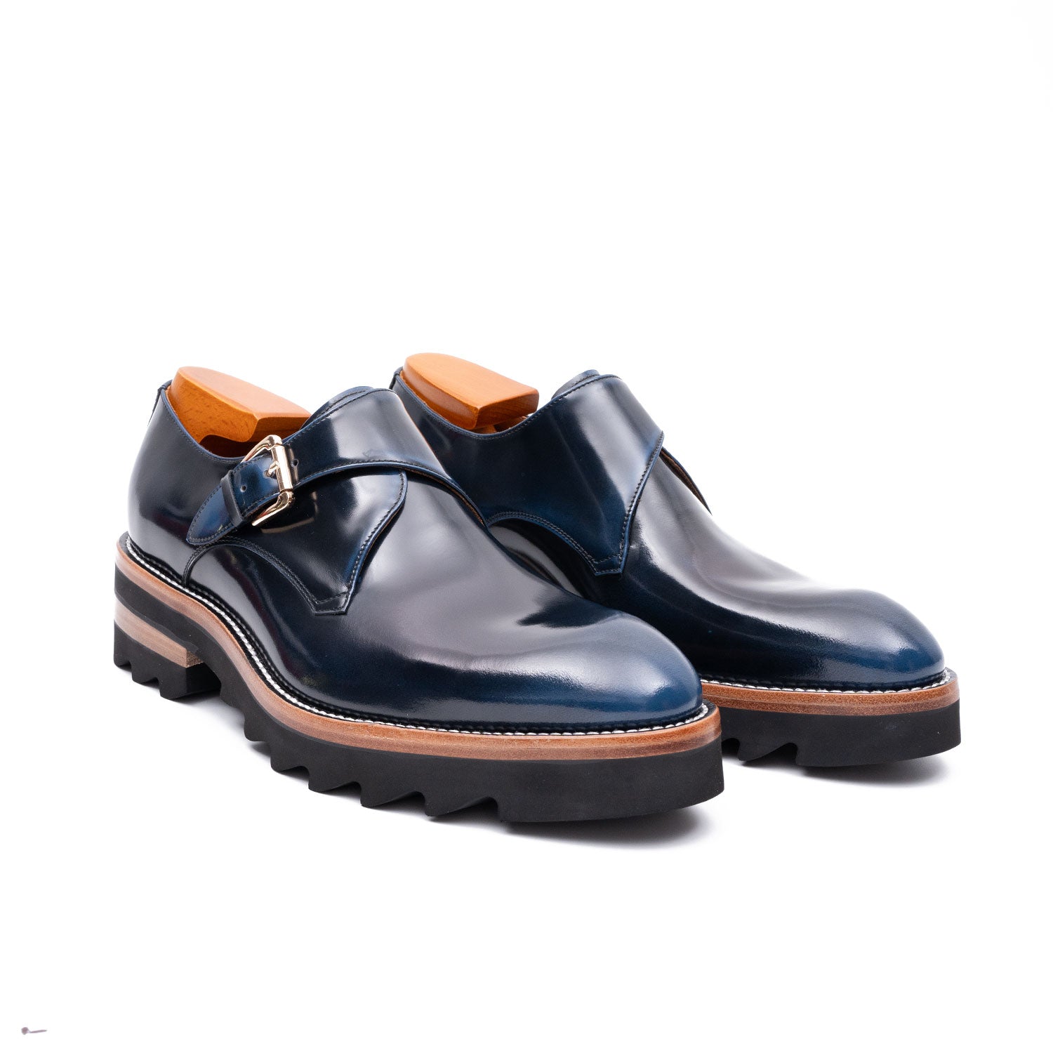 Blue Leather Monk Strap Shoes with Chunky Soles