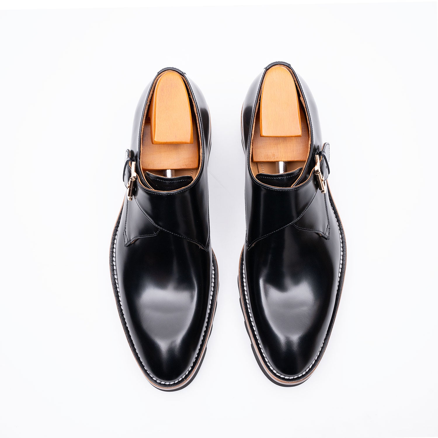 Black Leather Monk Strap Shoes with Chunky Soles