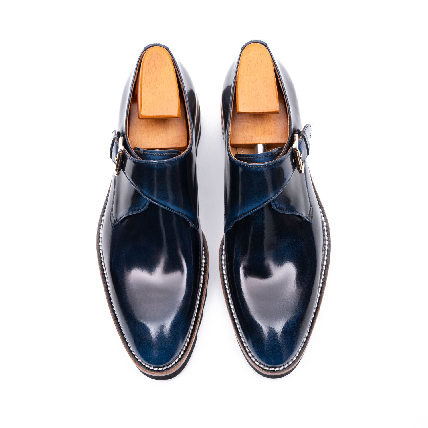 Blue Leather Monk Strap Shoes with Chunky Soles