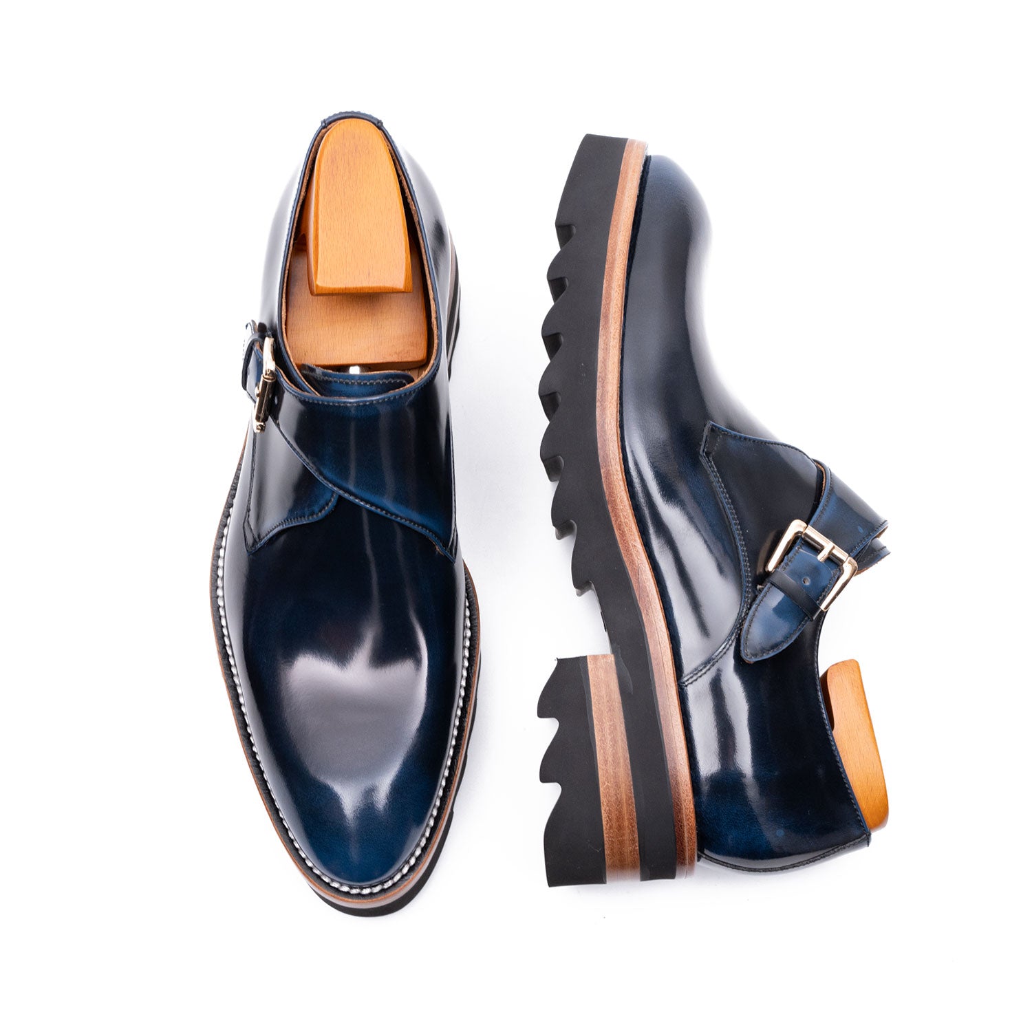 Blue Leather Monk Strap Shoes with Chunky Soles