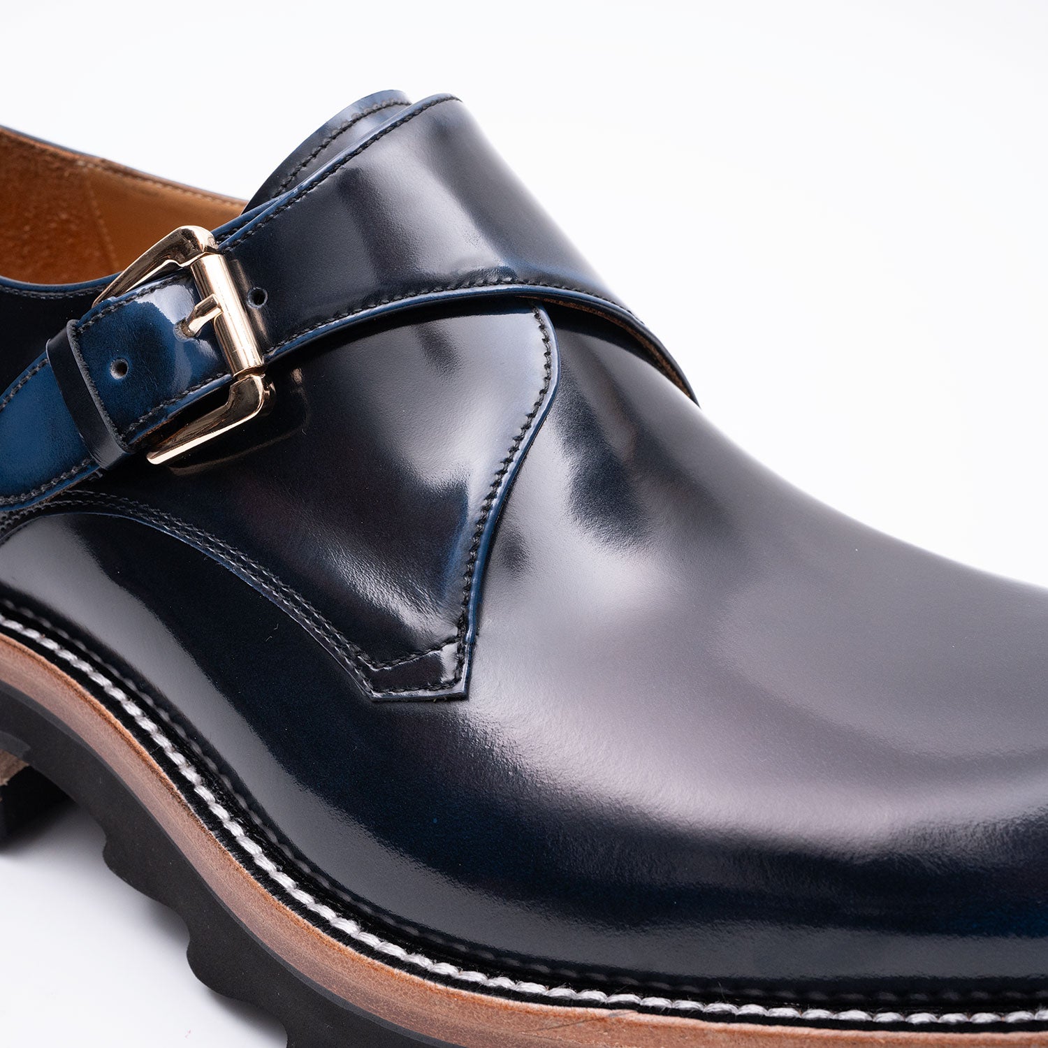 Blue Leather Monk Strap Shoes with Chunky Soles