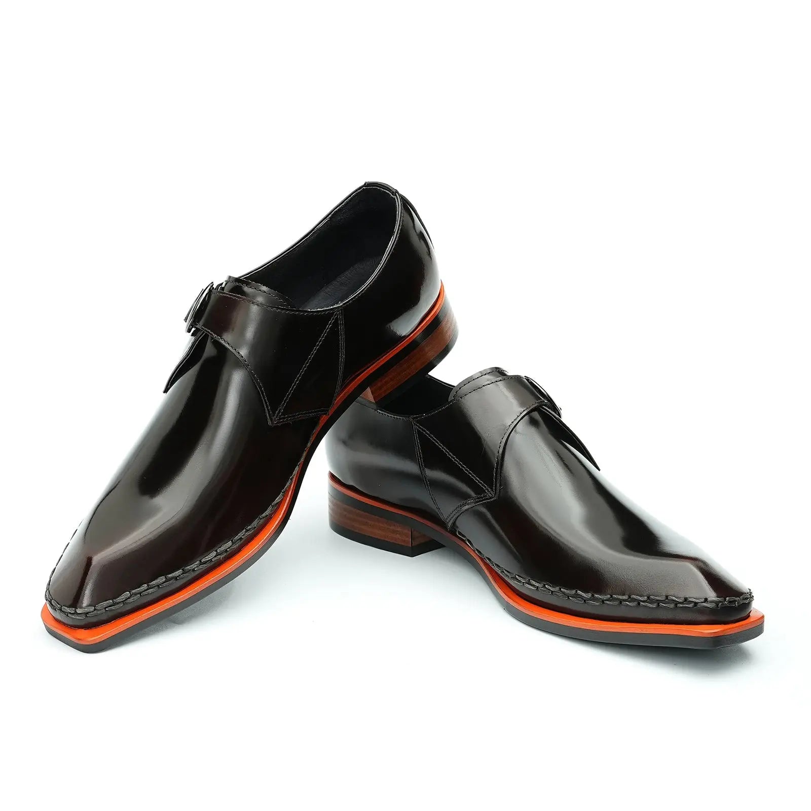 High-end patent leather glossy monk shoes formal leather shoes D23688 brown - Divinch