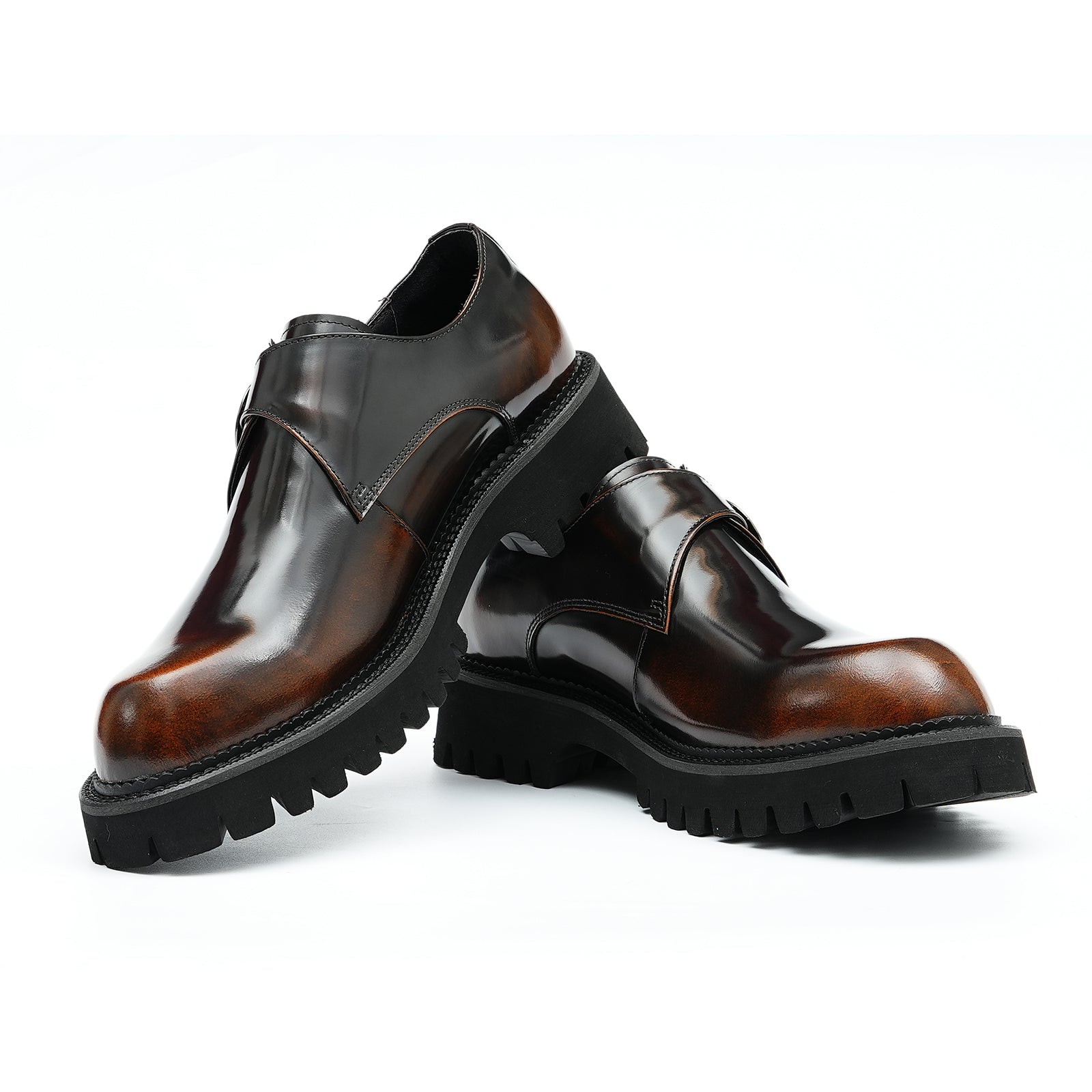 Thick sole buckle leather monk shoes D23681 coffee - Divinch