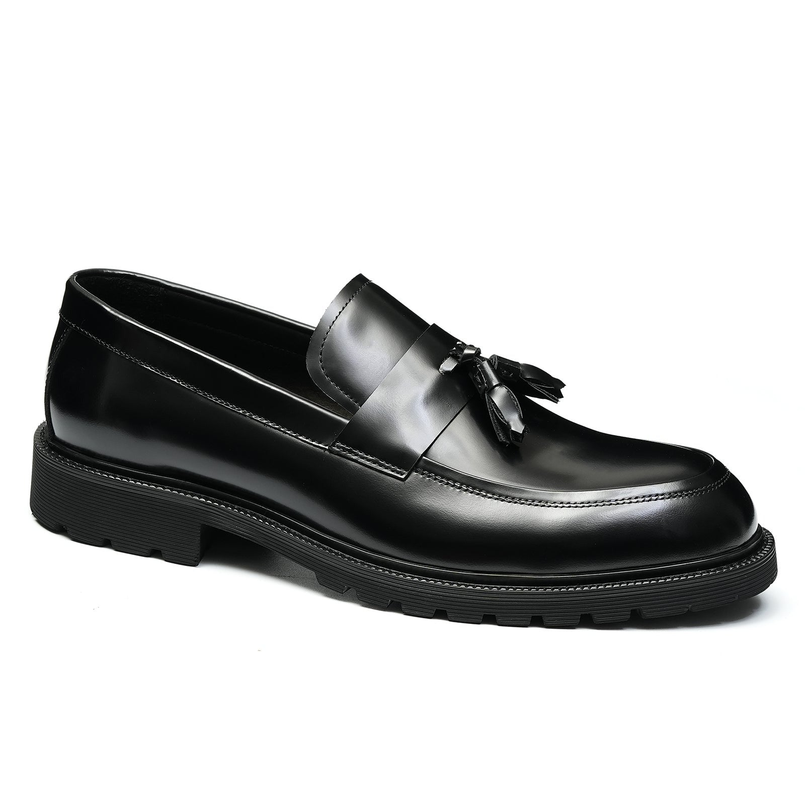 Men's genuine leather thick sole tassel loafers shoes D96115 Black - Divinch