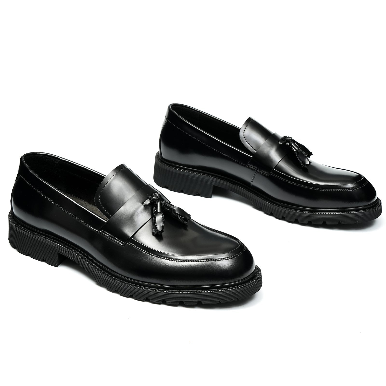 Men's genuine leather thick sole tassel loafers shoes D96115 Black - Divinch