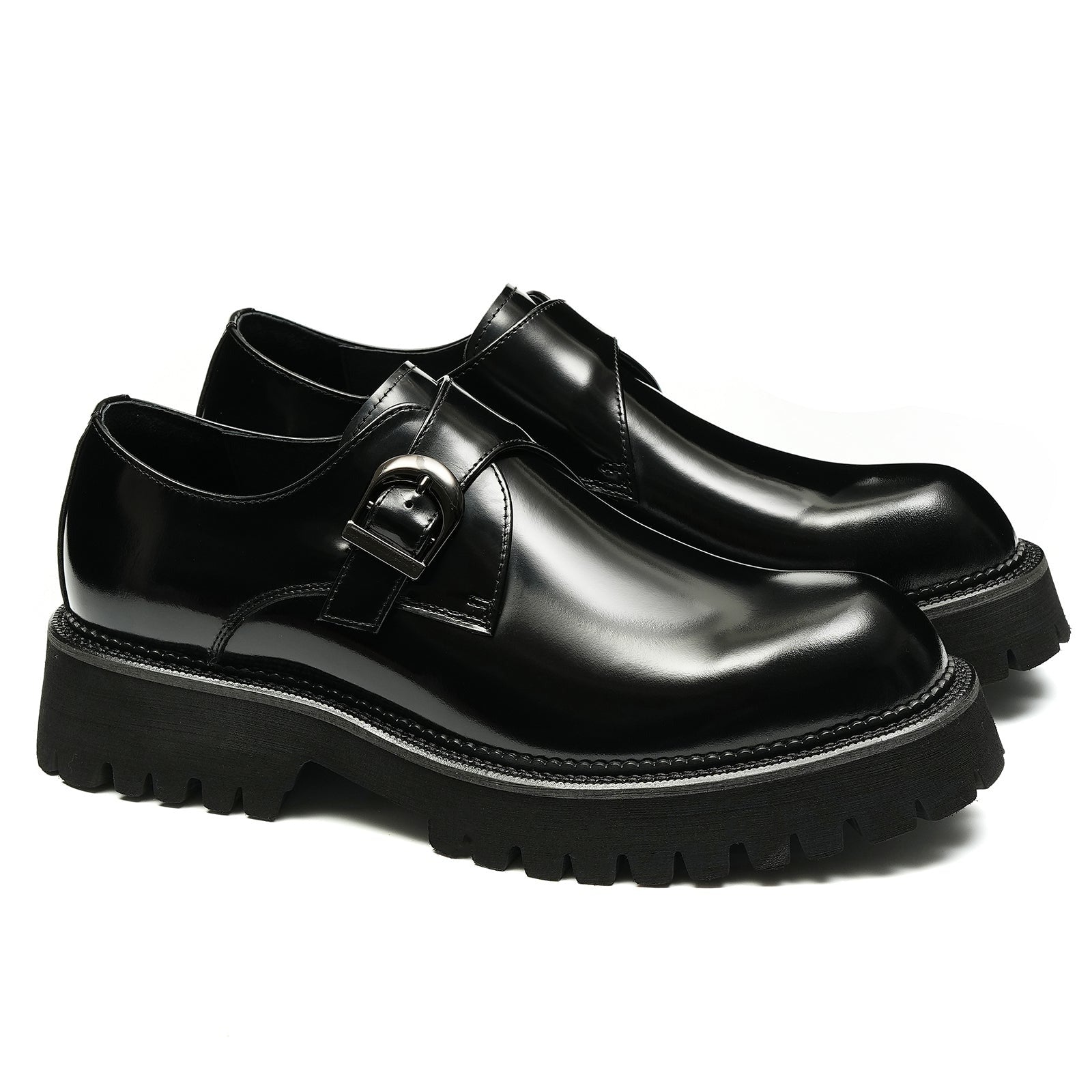 Thick sole buckle leather monk shoes D23681 black - Divinch