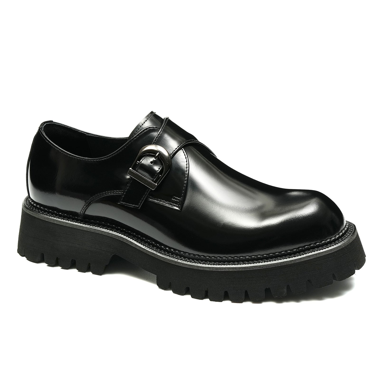 Thick sole buckle leather monk shoes D23681 black - Divinch