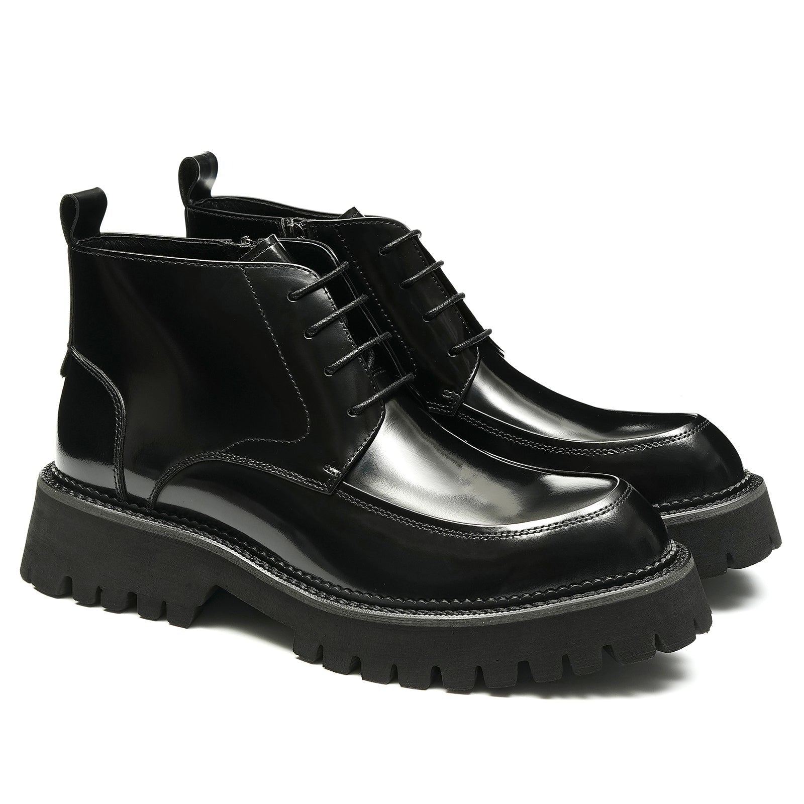 Martin boots men's zippered patent leather thick-soled short boots D23680 Black - Divinch