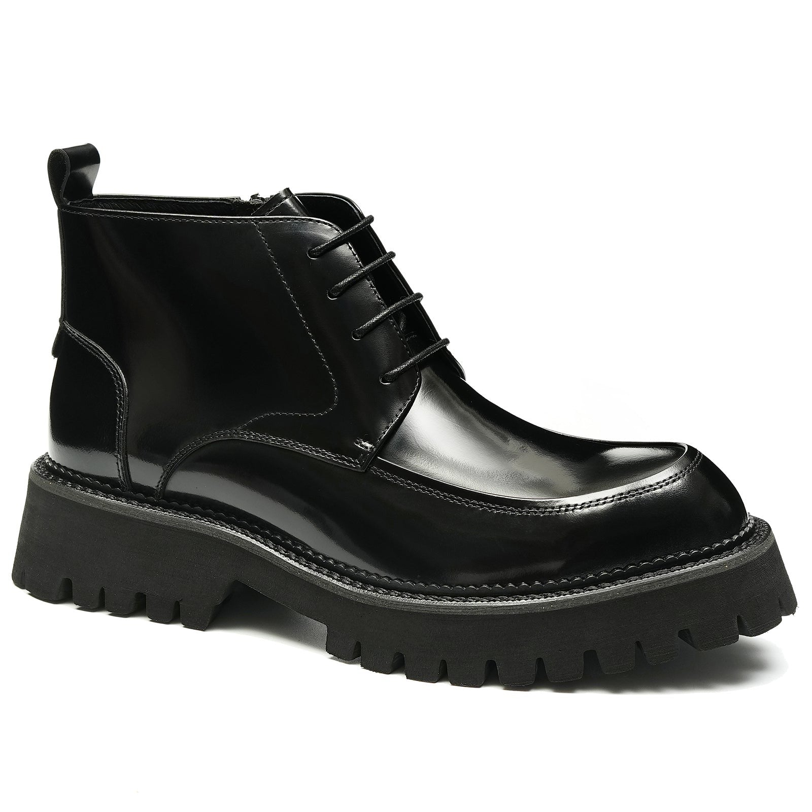 Martin boots men's zippered patent leather thick-soled short boots D23680 Black - Divinch