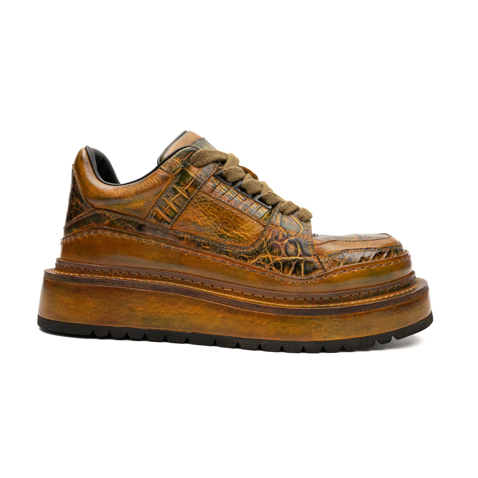 Ostrich Leg Leather Platform Sneakers Amber Gold