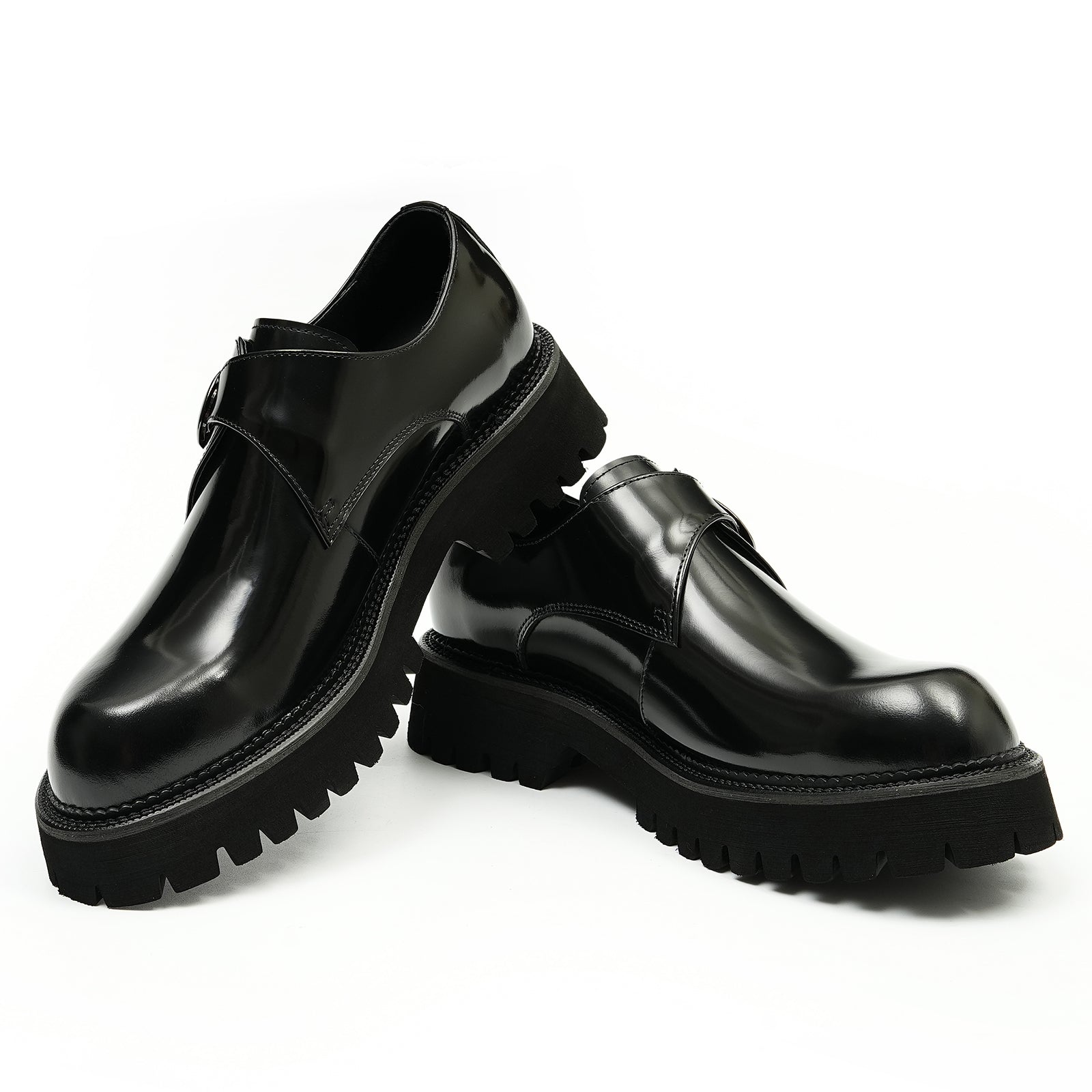 Thick sole buckle leather monk shoes D23681 black - Divinch