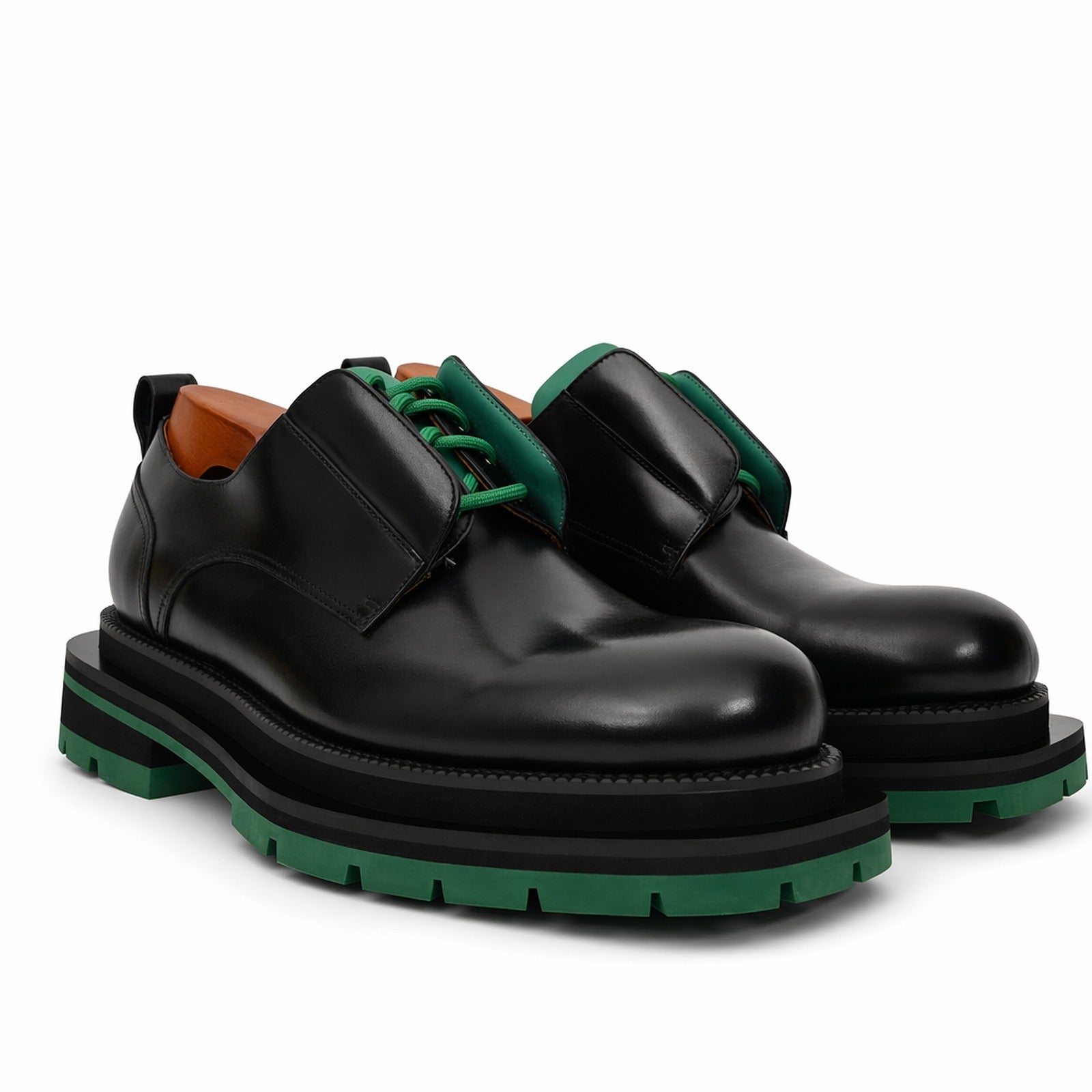 Black Green Lug Sole Derby Shoes