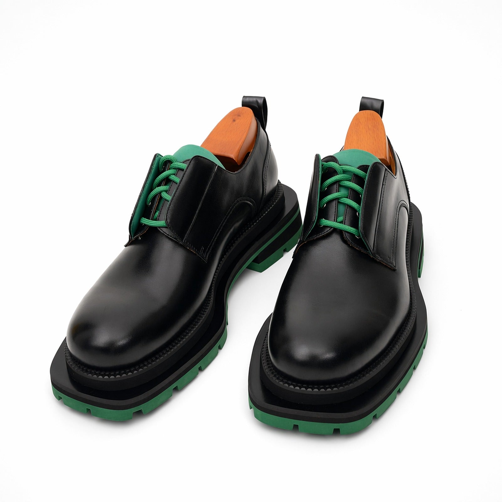 Black Green Lug Sole Derby Shoes