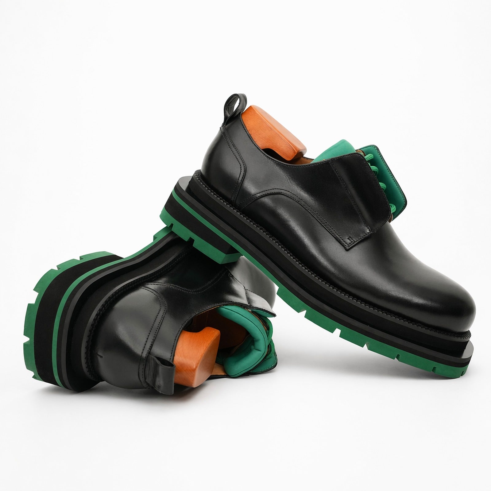 Black Green Lug Sole Derby Shoes
