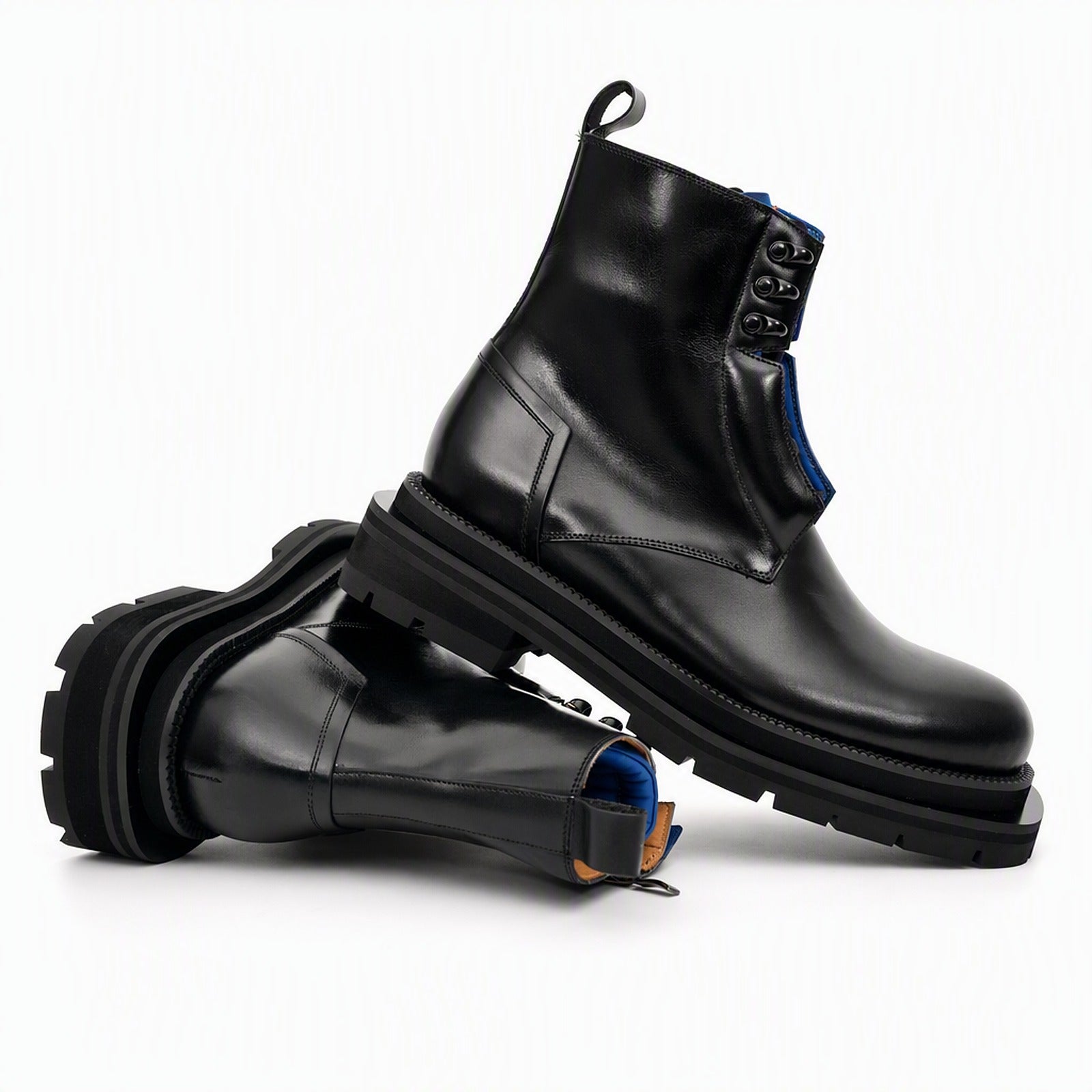 Black Blue Lug Sole Leather Boots