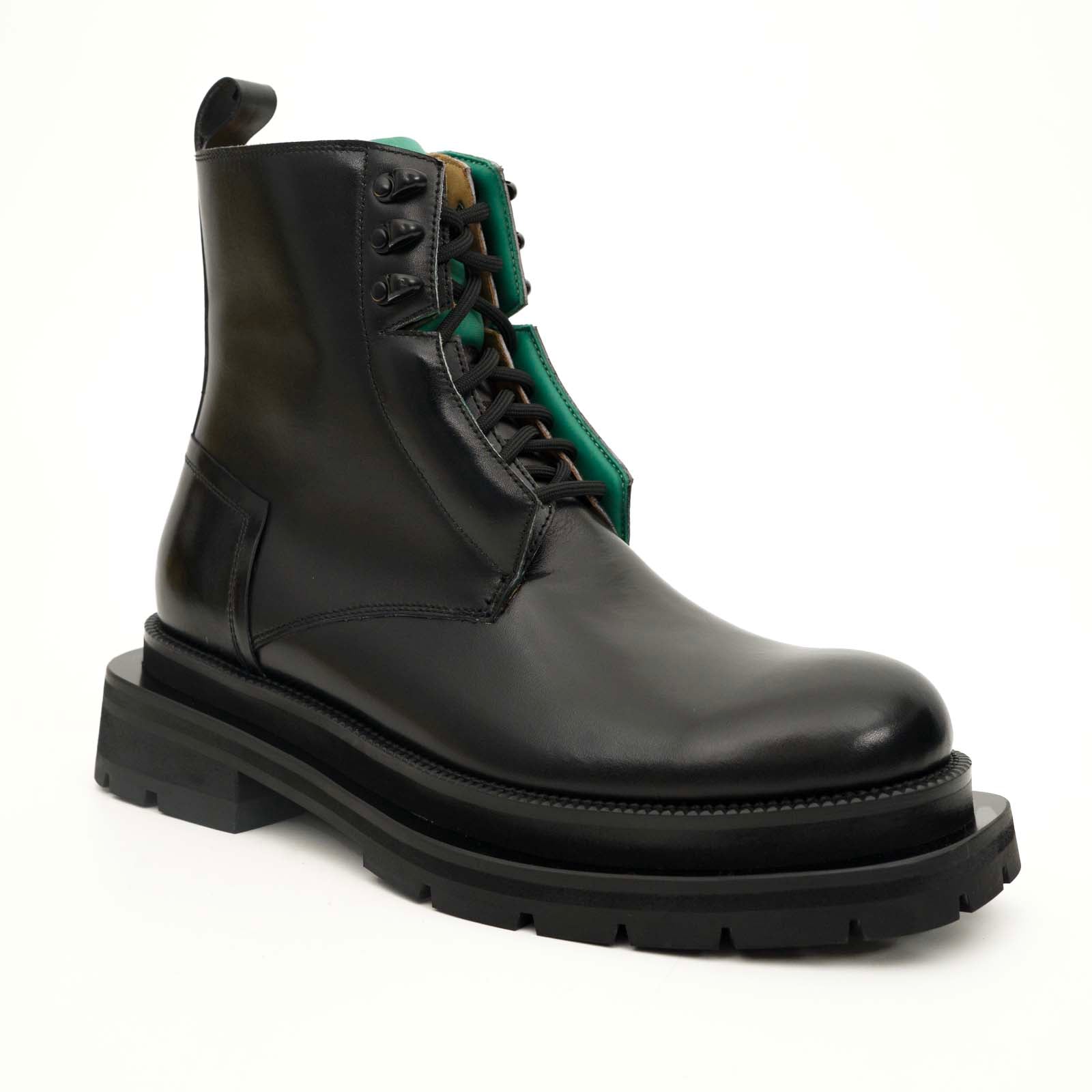 Black Leather Side-Zip Lug Sole Boots