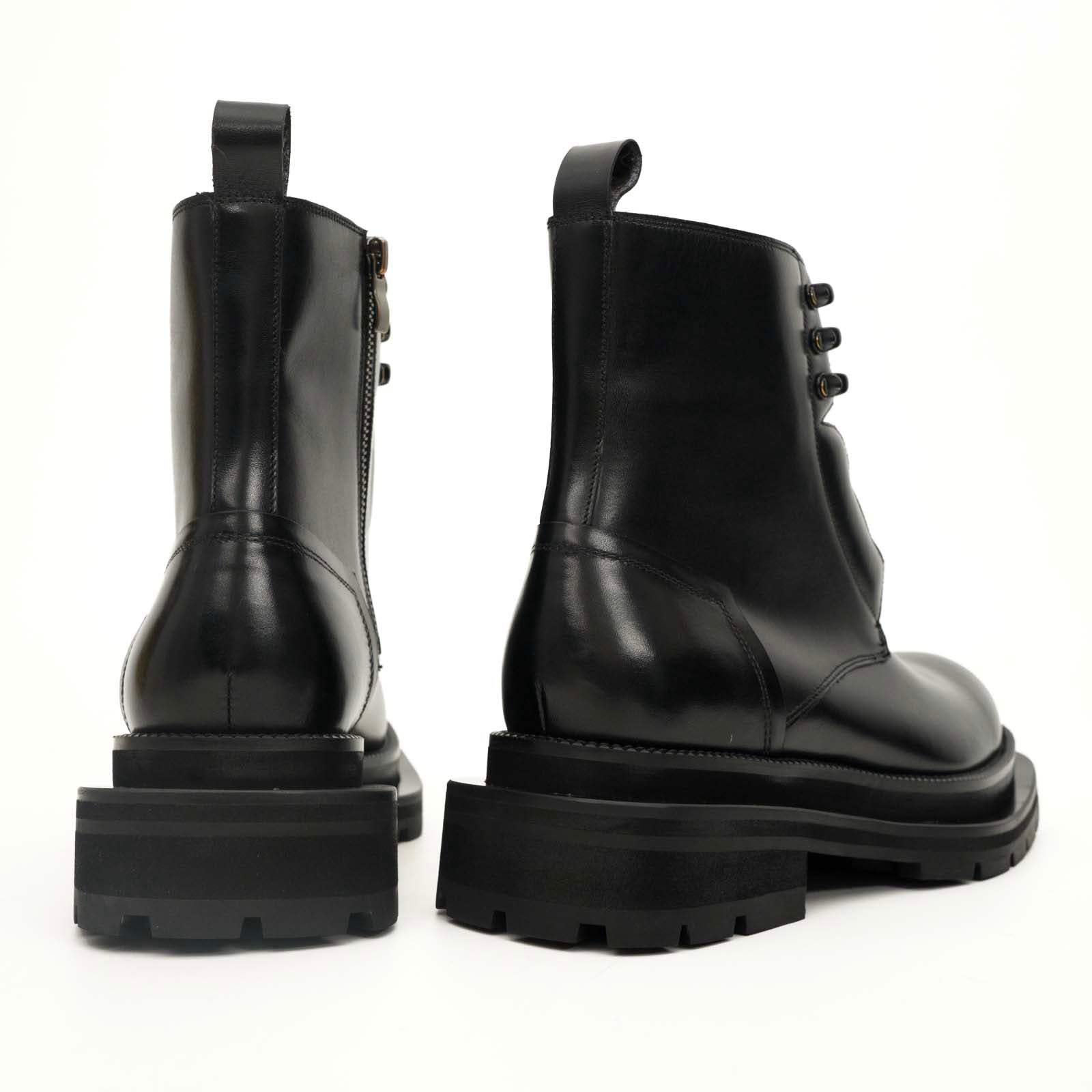 Black Leather Side-Zip Lug Sole Boots