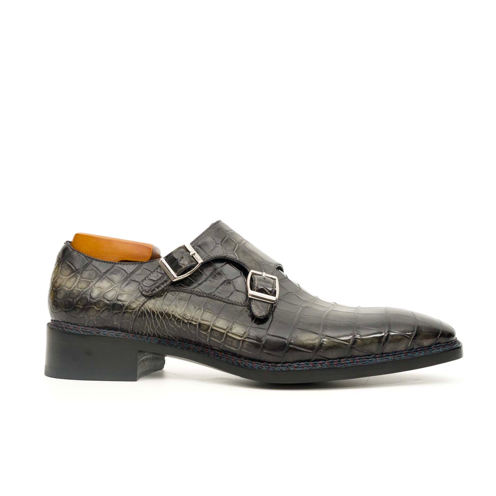 Charcoal Crocodile Double Monk Shoes