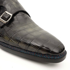 Charcoal Crocodile Double Monk Shoes