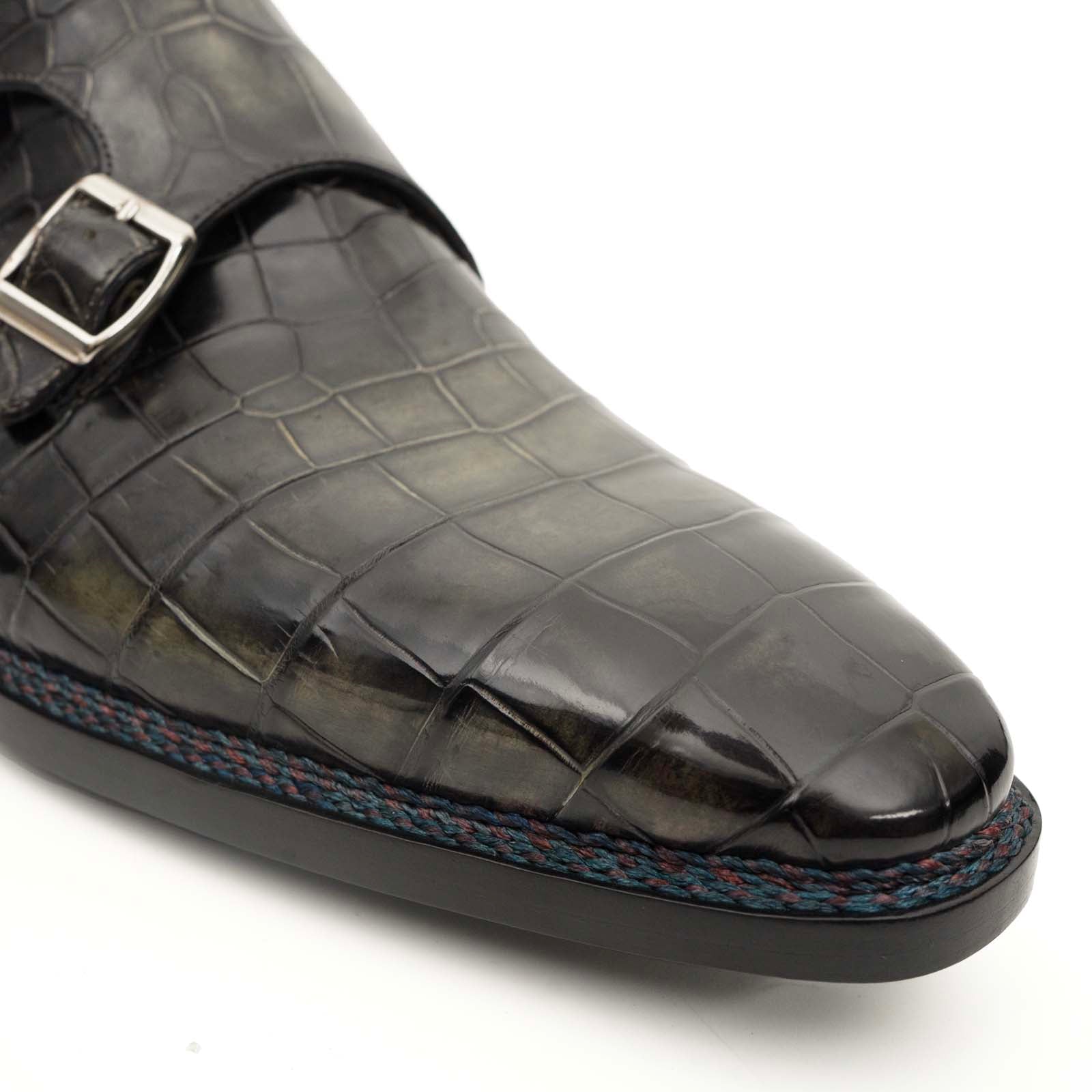 Charcoal Crocodile Double Monk Shoes