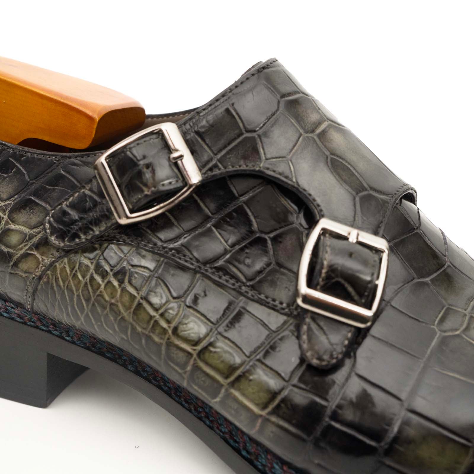 Charcoal Crocodile Double Monk Shoes