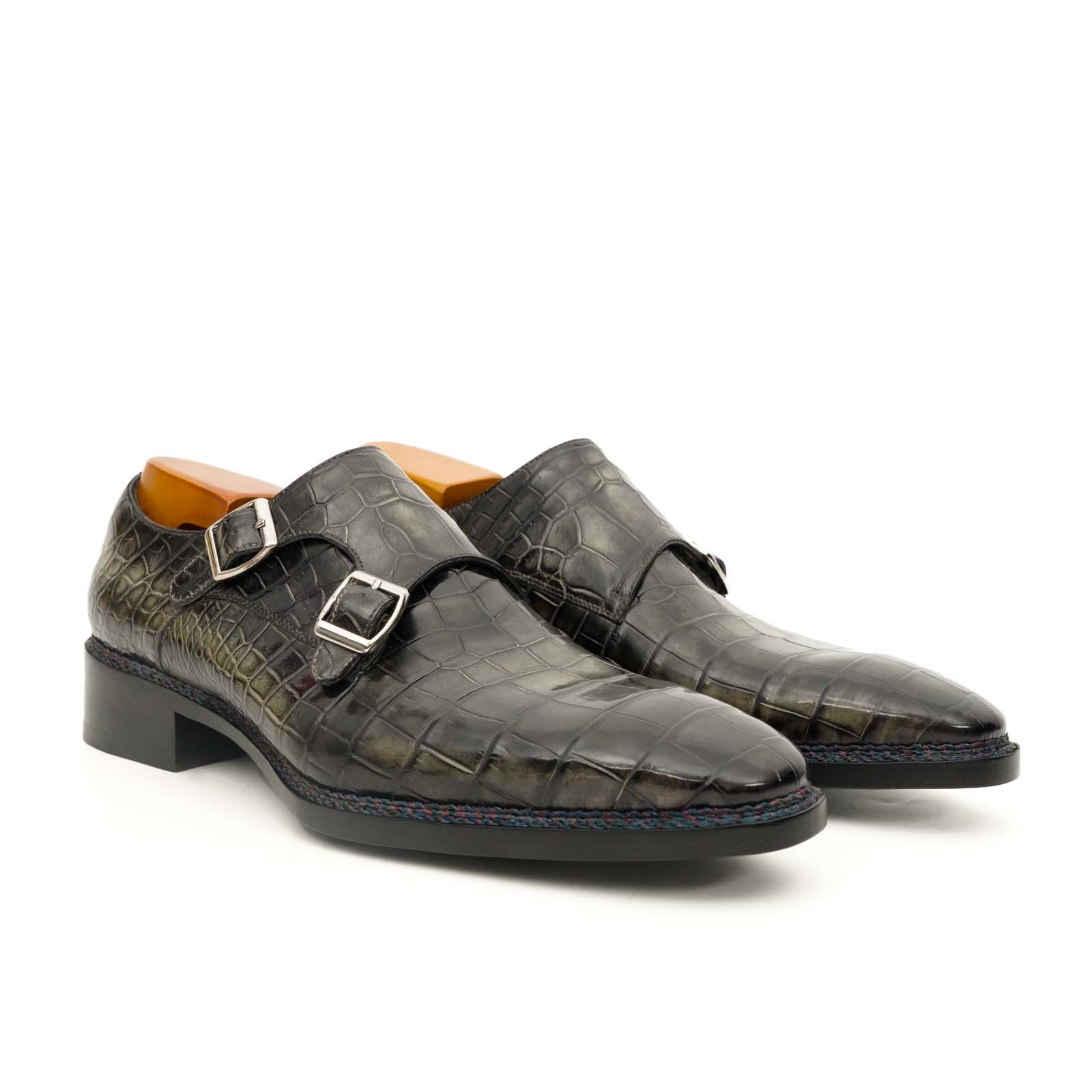 Charcoal Crocodile Double Monk Shoes