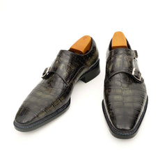 Charcoal Crocodile Double Monk Shoes