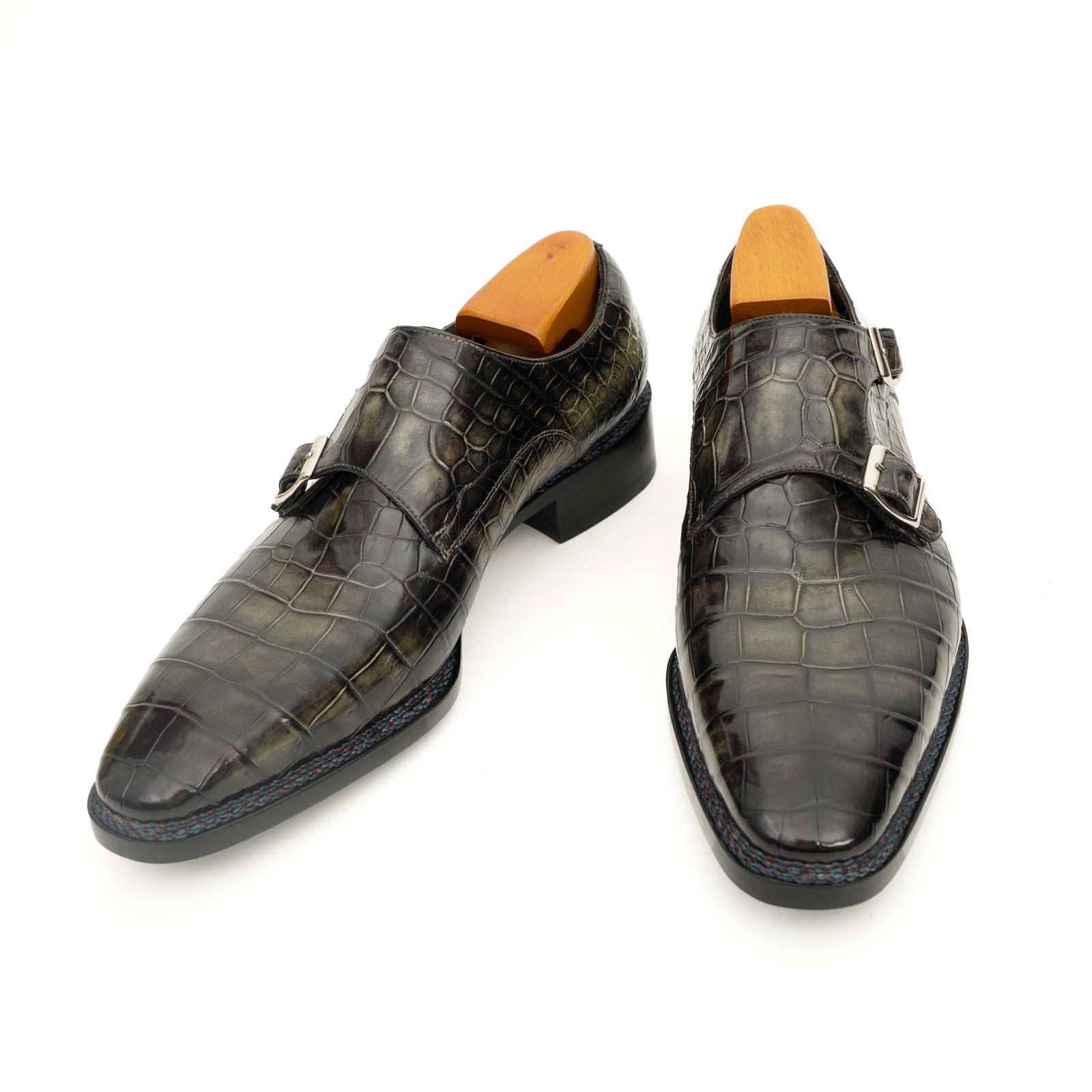 Charcoal Crocodile Double Monk Shoes