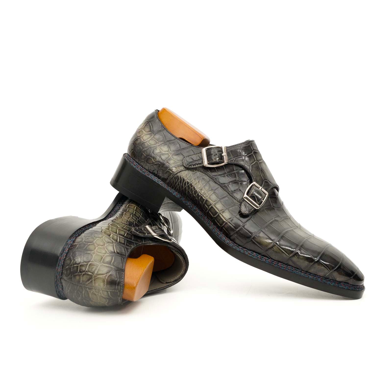 Charcoal Crocodile Double Monk Shoes