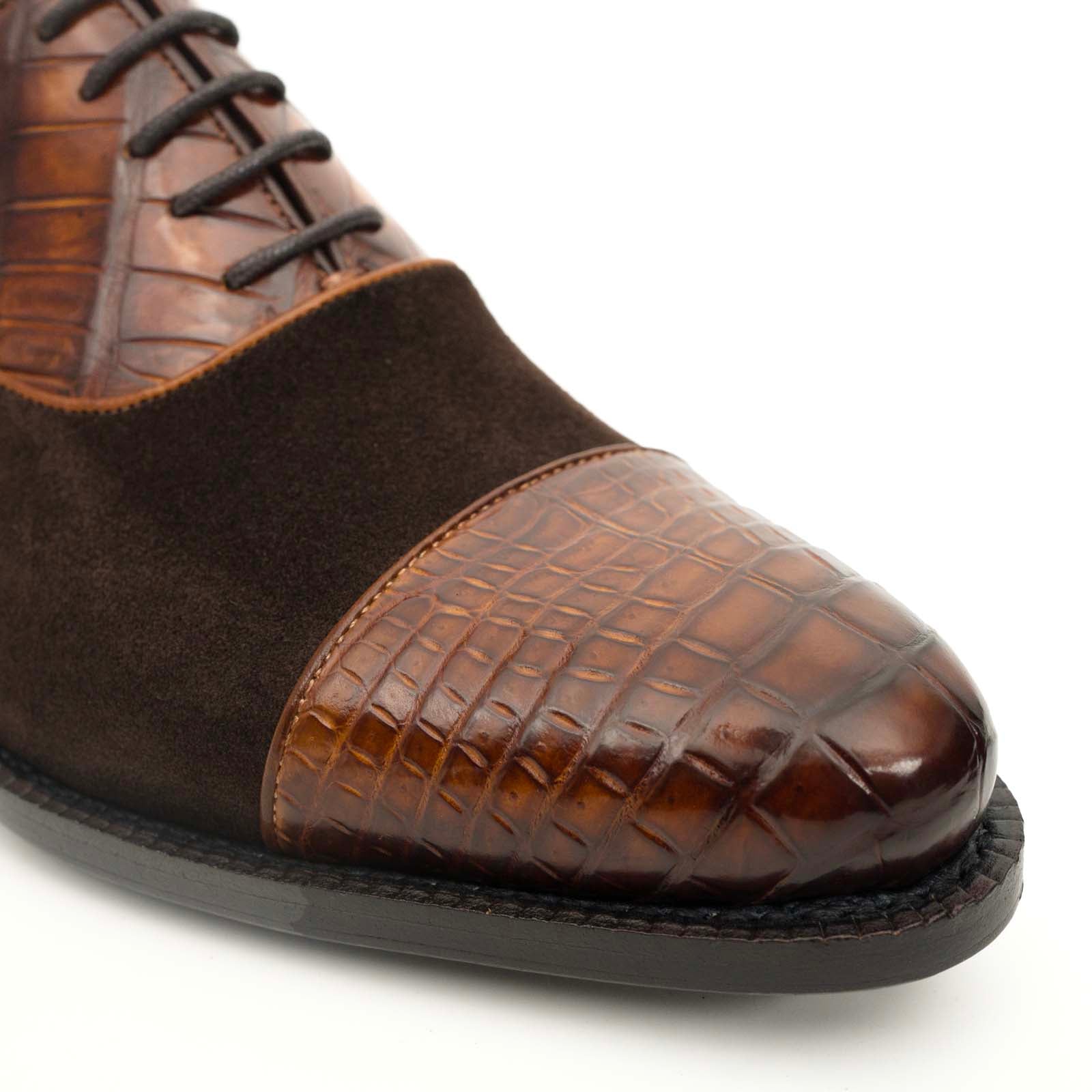 Brown Crocodile & Suede Oxford Shoes