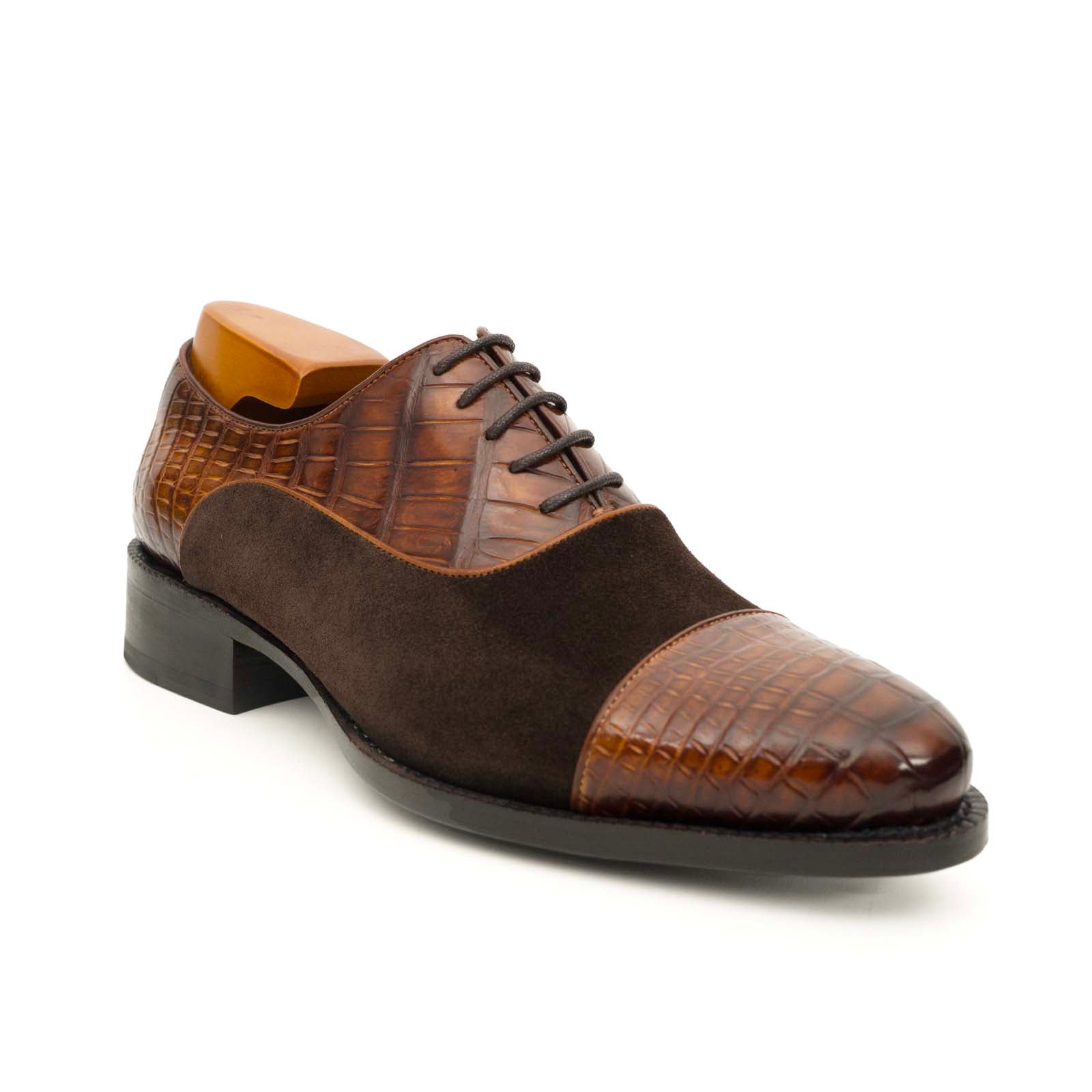 Brown Crocodile & Suede Oxford Shoes