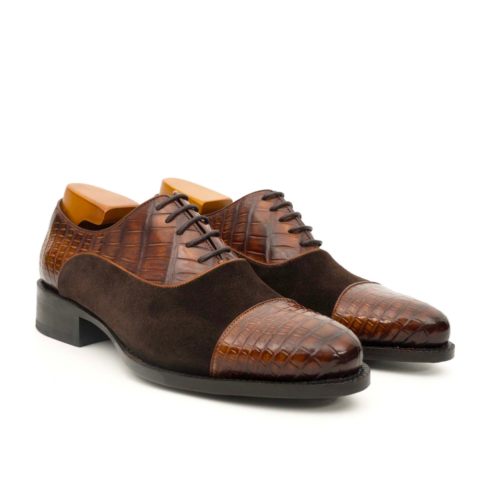 Brown Crocodile & Suede Oxford Shoes